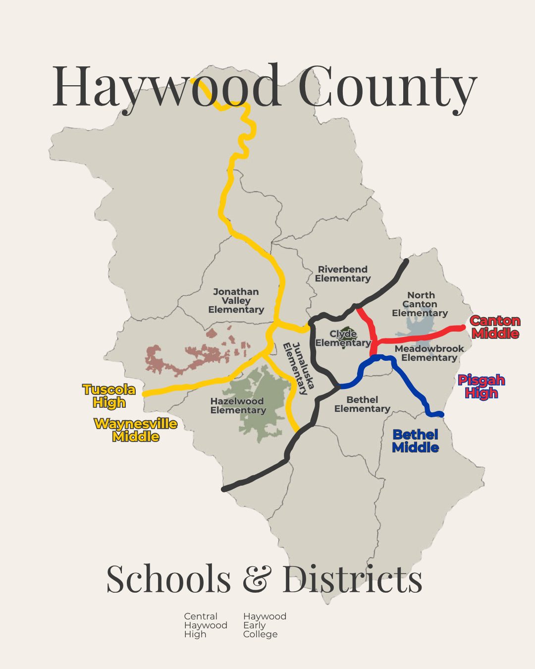Haywood County NC school districts map showing Pisgah High and Tuscola High zones